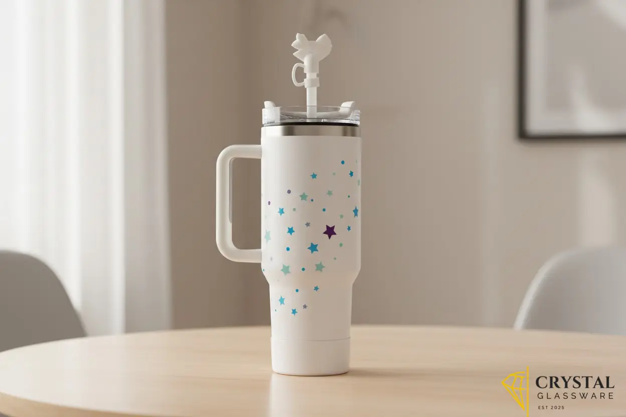Insulated stainless steel travel tumbler features a matching straw topper and a convenient side handle